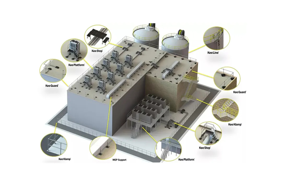 Illustration of a data center roof showing KeeGuard perimeter guardrail, equipment platforms, crossover steps, and other rooftop access and fall protection products
